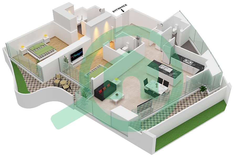 萨法一号公寓 - 2 卧室公寓类型A戶型图 interactive3D
