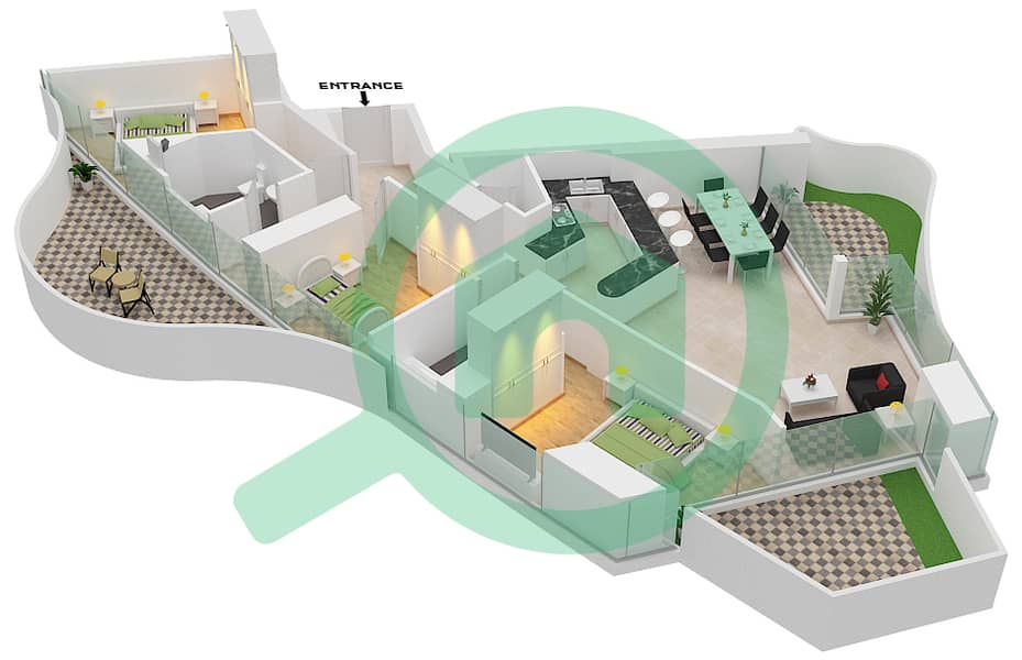 Сафа Онэ - Апартамент 3 Cпальни планировка Тип A interactive3D