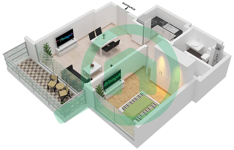 碧海蓝天2号塔楼 - 1 卧室公寓单位1 FLOOR 10戶型图 Unit 1 Floor 10-26 interactive3D