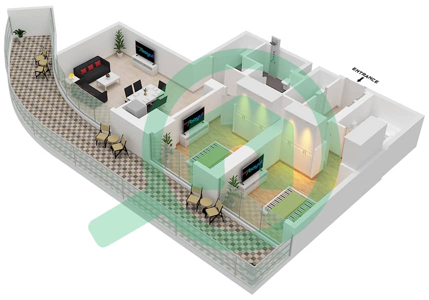 Grand Bleu Tower 2 - 2 Bedroom Apartment Unit 1 MEZZANINE Floor plan Unit 1 Floor Mezzanine,Podium interactive3D