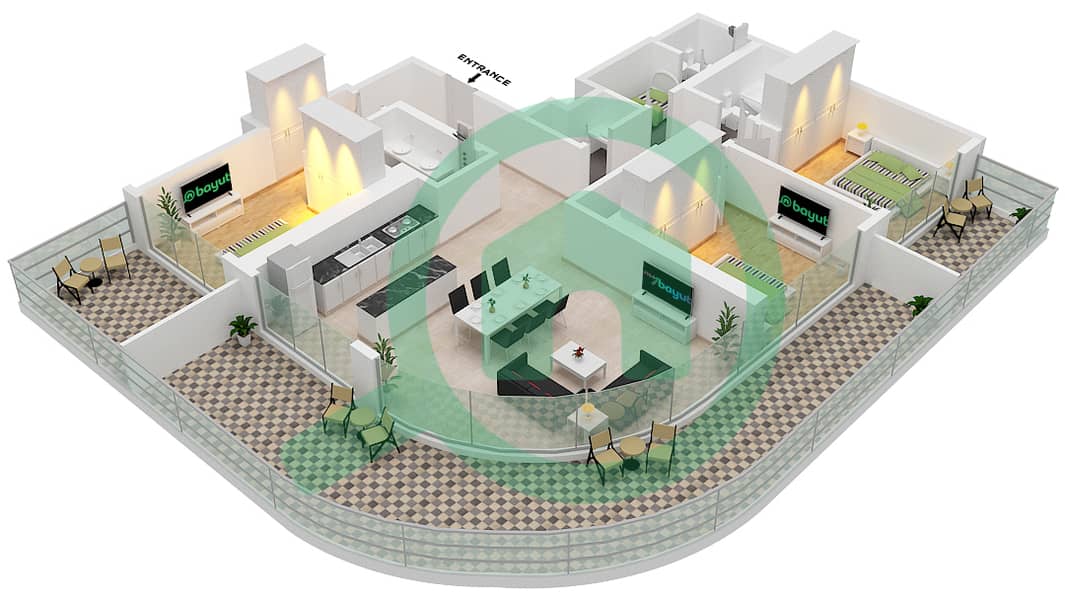 المخططات الطابقية لتصميم الوحدة 5 FLOOR 19 شقة 3 غرف نوم - جراند بلو تاور 2 Unit 5 Floor 19-26 interactive3D
