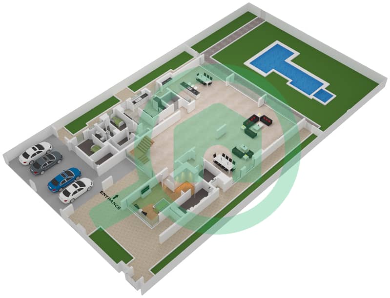 المخططات الطابقية لتصميم النموذج C فیلا 6 غرف نوم - فلل ديستريكت 1 Ground Floor interactive3D