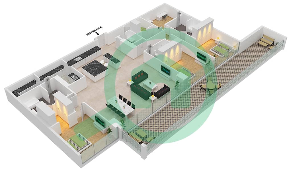 المخططات الطابقية لتصميم النموذج / الوحدة B1/4 FLOOR 3 بنتهاوس 3 غرف نوم - سيكس سينسيز ريزيدنس interactive3D