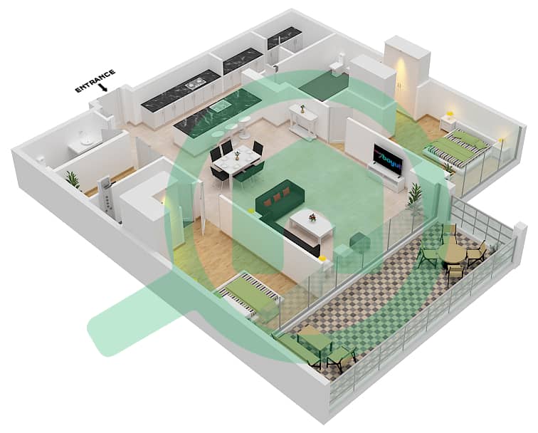 المخططات الطابقية لتصميم النموذج / الوحدة A1/3 FLOOR 7 بنتهاوس 2 غرفة نوم - سيكس سينسيز ريزيدنس interactive3D