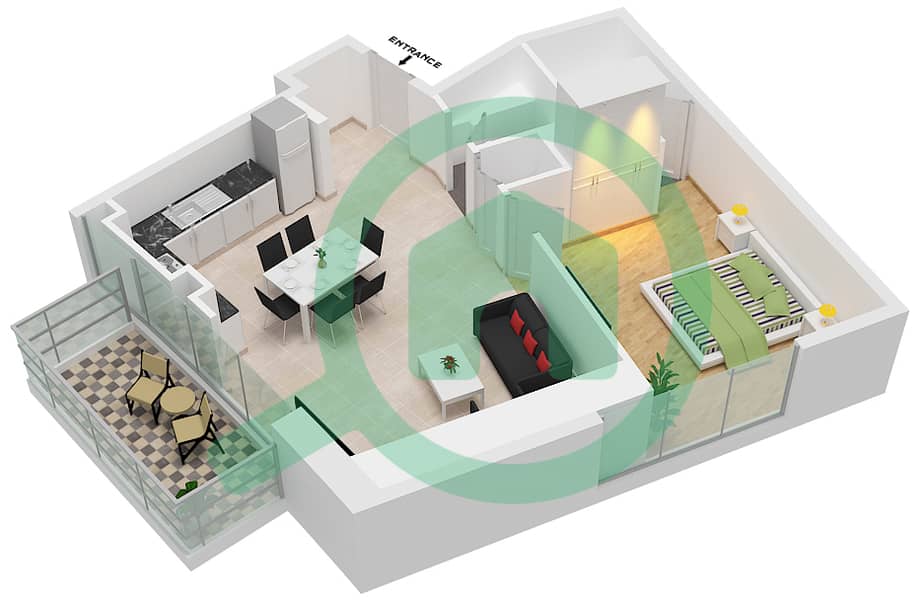 المخططات الطابقية لتصميم الوحدة 02 شقة 1 غرفة نوم - برج نوبلز interactive3D