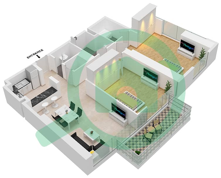 المخططات الطابقية لتصميم الوحدة 12 شقة 2 غرفة نوم - برج نوبلز interactive3D