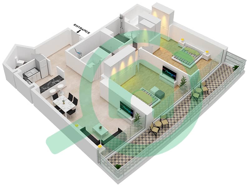 المخططات الطابقية لتصميم الوحدة 06 شقة 2 غرفة نوم - برج نوبلز interactive3D