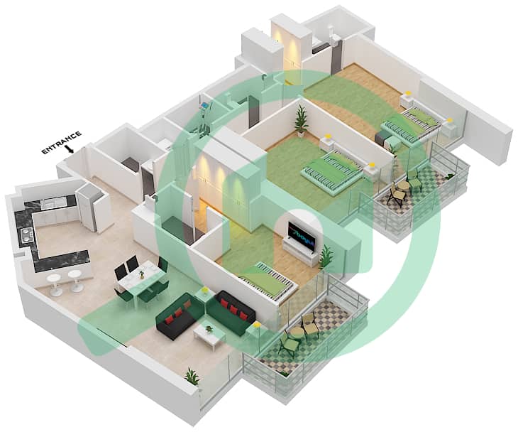 المخططات الطابقية لتصميم الوحدة 08 شقة 3 غرف نوم - برج نوبلز interactive3D