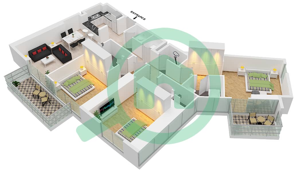 المخططات الطابقية لتصميم الوحدة 07 شقة 3 غرف نوم - برج نوبلز interactive3D