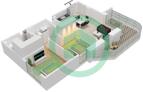 المخططات الطابقية لتصميم النموذج / الوحدة 3,UNIT 01 شقة 2 غرفة نوم - بالاس بيتش ريزيدنس