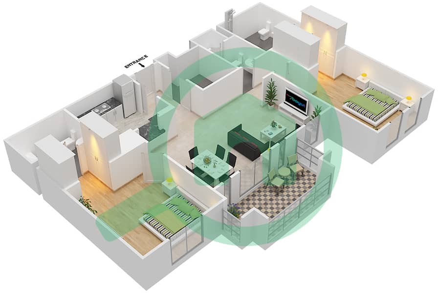 المخططات الطابقية لتصميم الوحدة 4 FLOOR 1-4 شقة 2 غرفة نوم - مسکة 2 Floor 1-4 interactive3D