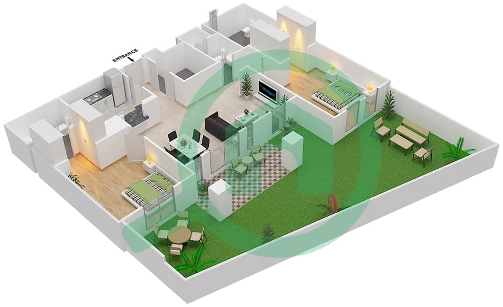 المخططات الطابقية لتصميم الوحدة 4 GROUND FLOOR شقة 2 غرفة نوم - مسکة 2 Ground Floor interactive3D