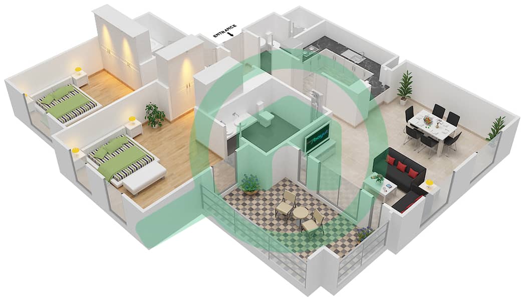 المخططات الطابقية لتصميم الوحدة 5 FLOOR 1-3 شقة 2 غرفة نوم - مسکة 2 Floor 1-3 interactive3D