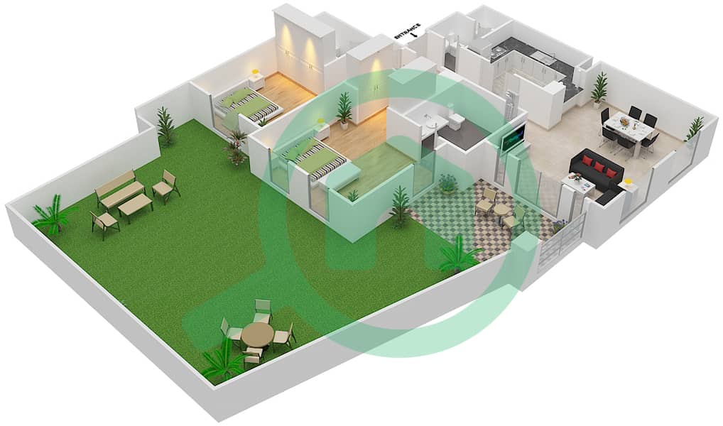 المخططات الطابقية لتصميم الوحدة 5 GROUND FLOOR شقة 2 غرفة نوم - مسکة 2 Ground Floor interactive3D
