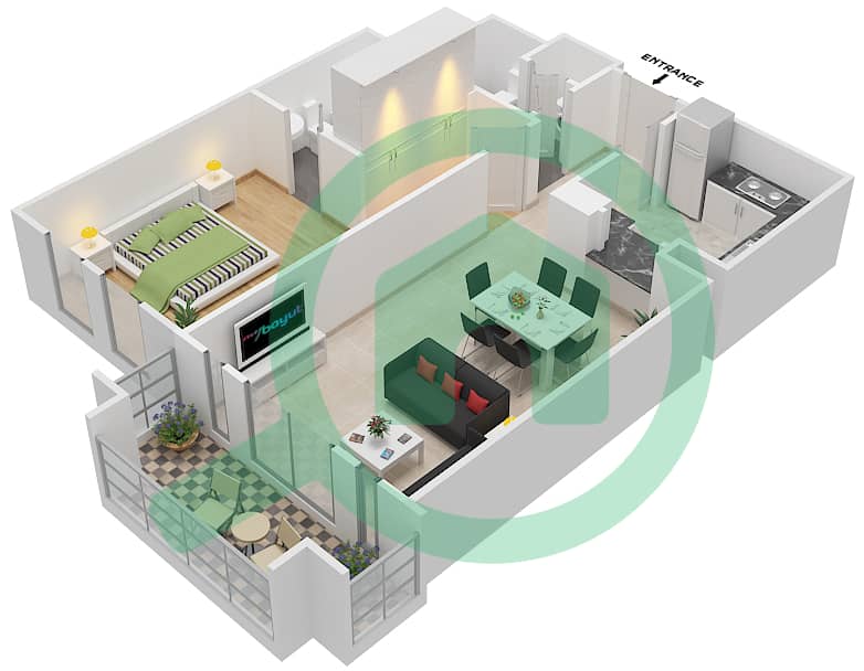 المخططات الطابقية لتصميم الوحدة 6 FLOOR 1-4 شقة 1 غرفة نوم - مسکة 2 Floor 1-4 interactive3D