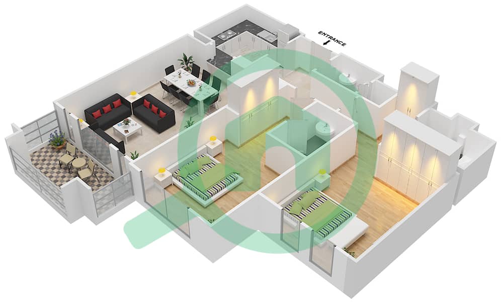 المخططات الطابقية لتصميم الوحدة 8 FLOOR 1-3 شقة 2 غرفة نوم - مسکة 2 Floor 1-3 interactive3D
