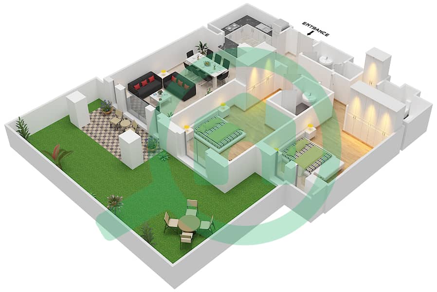 المخططات الطابقية لتصميم الوحدة 8 GROUND FLOOR شقة 2 غرفة نوم - مسکة 2 Ground Floor interactive3D