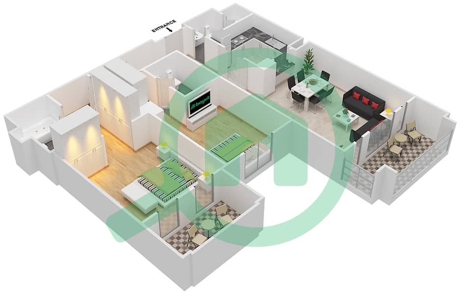 Миска 2 - Апартамент 2 Cпальни планировка Единица измерения 14 FLOOR 1-4 Floor 1-4 interactive3D