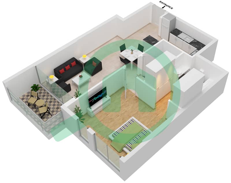 المخططات الطابقية لتصميم النموذج H شقة 1 غرفة نوم - شيماء افينيو ريزيدنس interactive3D