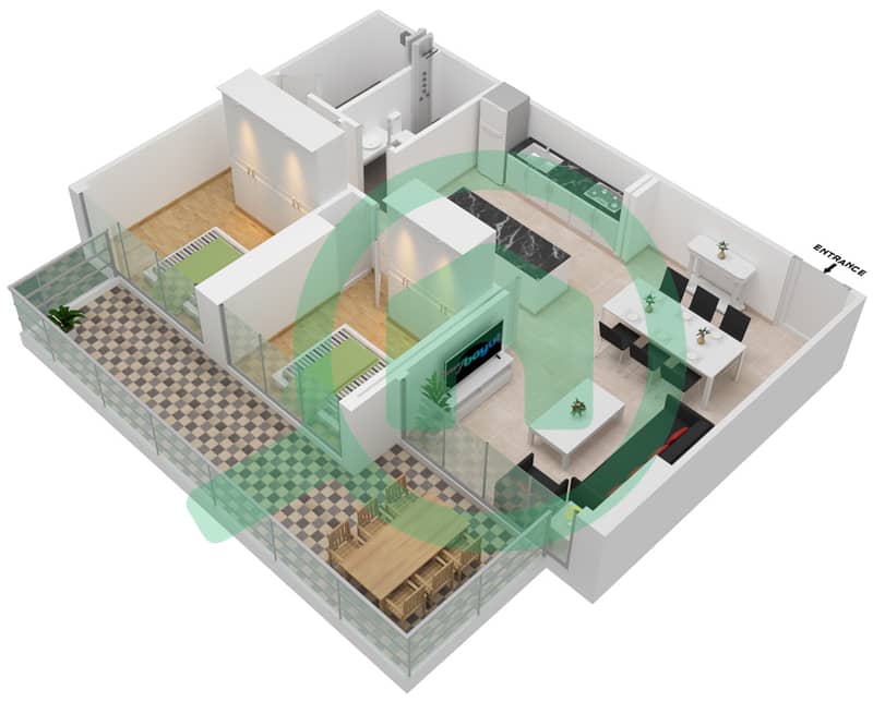 المخططات الطابقية لتصميم النموذج B شقة 2 غرفة نوم - برج هاميني interactive3D