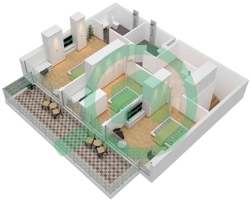المخططات الطابقية لتصميم النموذج A1 شقة 3 غرف نوم - برج هاميني interactive3D