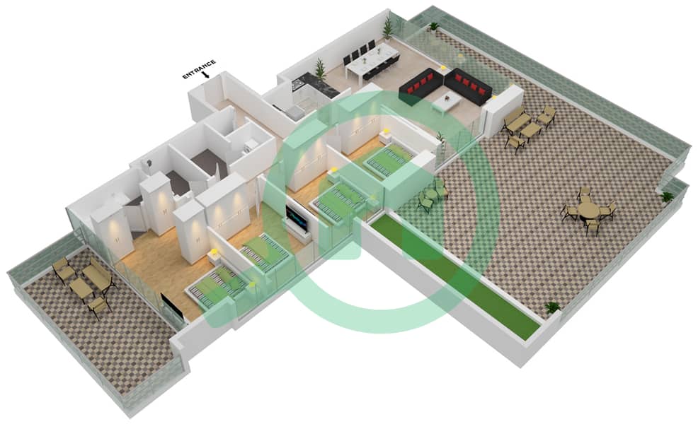 المخططات الطابقية لتصميم النموذج C شقة 4 غرف نوم - برج هاميني interactive3D