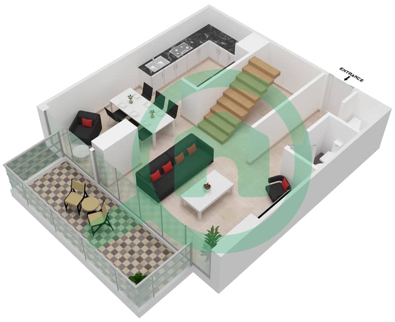 المخططات الطابقية لتصميم النموذج B شقة 2 غرفة نوم - برج هاميني interactive3D