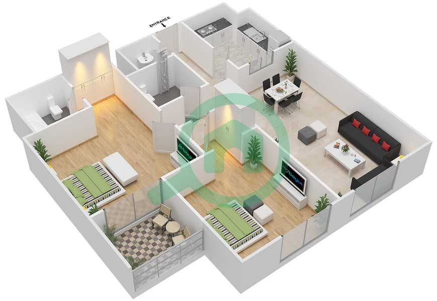 المخططات الطابقية لتصميم النموذج A شقة 2 غرفة نوم - برج الشمس interactive3D