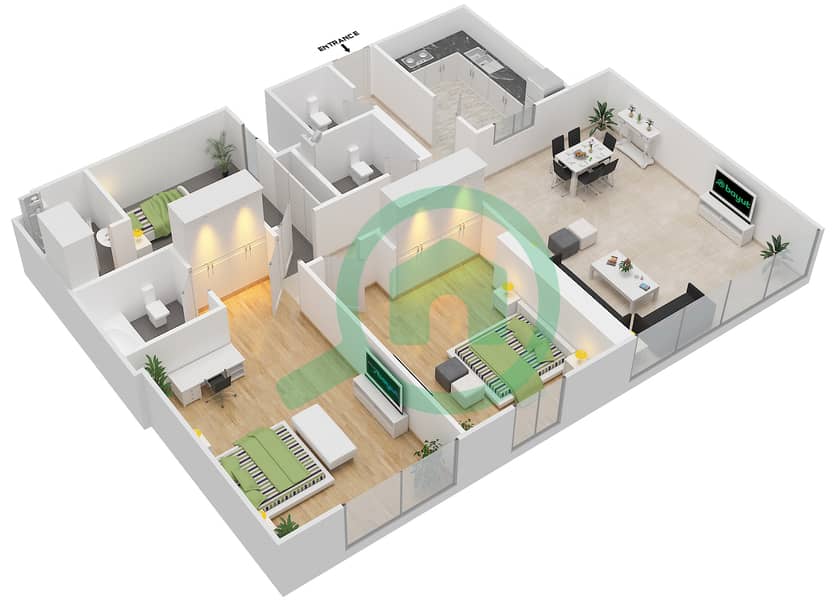 المخططات الطابقية لتصميم النموذج C1 شقة 2 غرفة نوم - برج الشمس interactive3D