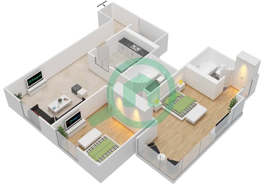 المخططات الطابقية لتصميم النموذج H شقة 2 غرفة نوم - برج الشمس interactive3D