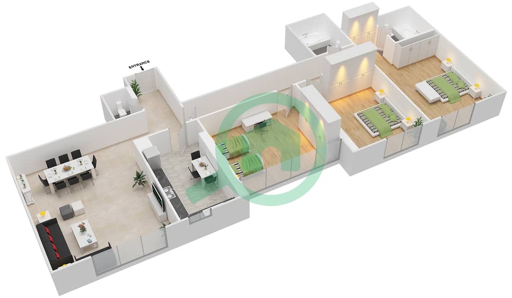 المخططات الطابقية لتصميم النموذج A شقة 3 غرف نوم - برج الشمس interactive3D