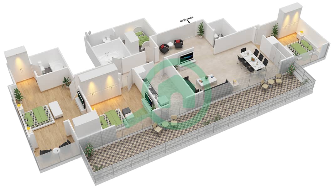 المخططات الطابقية لتصميم النموذج GI شقة 3 غرف نوم - برج الشمس interactive3D