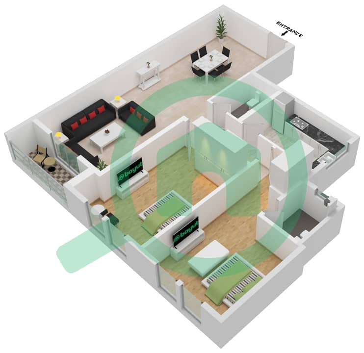 المخططات الطابقية لتصميم الوحدة 01 شقة 2 غرفة نوم - JR ريزيدنس 5 interactive3D