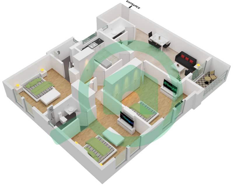 المخططات الطابقية لتصميم الوحدة 02 شقة 3 غرف نوم - JR ريزيدنس 5 interactive3D
