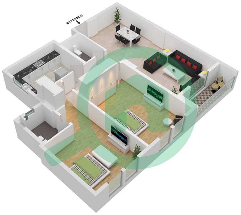 المخططات الطابقية لتصميم الوحدة 04 شقة 2 غرفة نوم - JR ريزيدنس 5 interactive3D