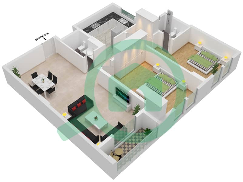 JR 5 号楼 - 2 卧室公寓单位06戶型图 interactive3D