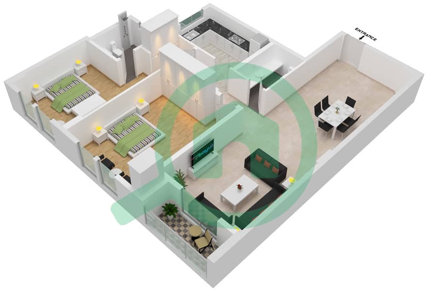 المخططات الطابقية لتصميم الوحدة 09 شقة 2 غرفة نوم - JR ريزيدنس 5 interactive3D