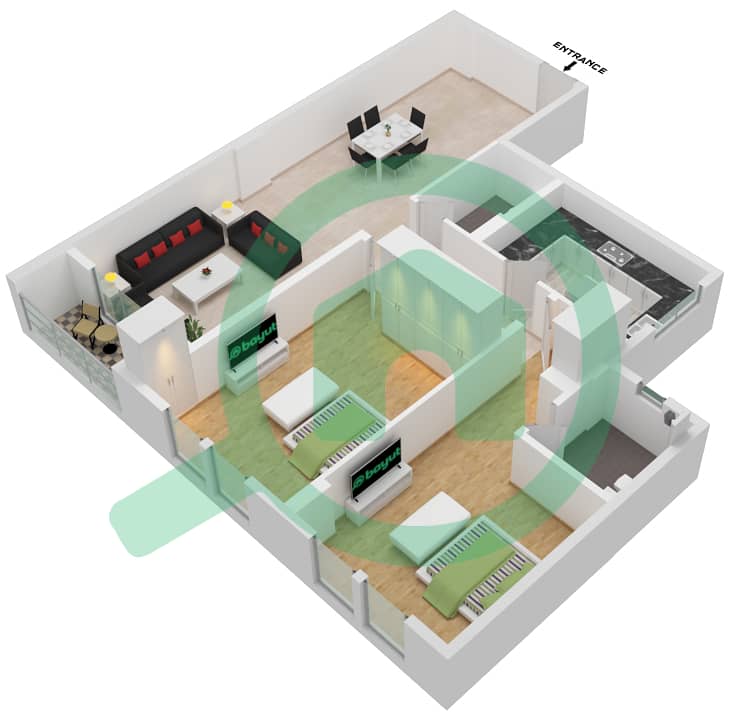 JR 5 号楼 - 2 卧室公寓单位10戶型图 interactive3D