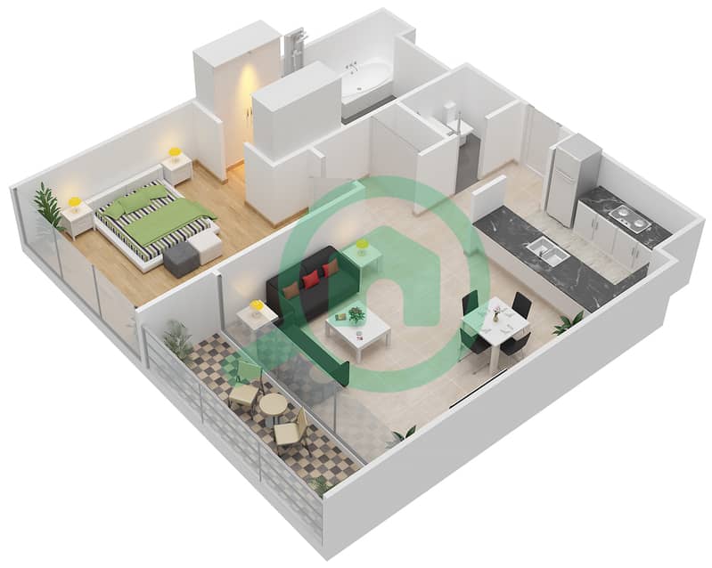 المخططات الطابقية لتصميم النموذج / الوحدة 1A/7 شقة 1 غرفة نوم - 1 ملبيري Floor 1,3,5 interactive3D