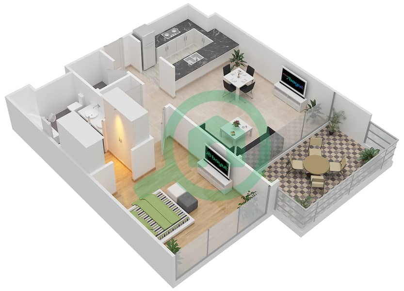 المخططات الطابقية لتصميم النموذج / الوحدة 1B/6,9,22 شقة 1 غرفة نوم - 1 ملبيري Floor 3,5 interactive3D