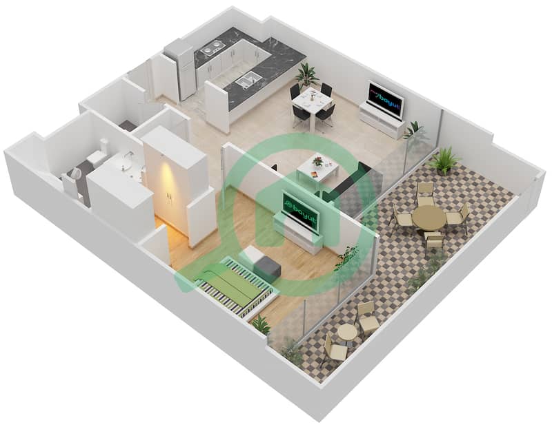 المخططات الطابقية لتصميم النموذج / الوحدة 1G/5,7,8,9,18,19,20 شقة 1 غرفة نوم - 1 ملبيري Ground Floor interactive3D