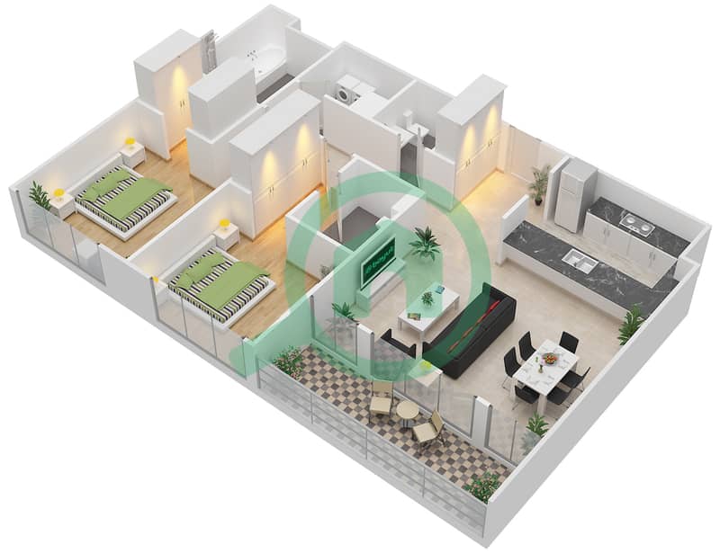المخططات الطابقية لتصميم النموذج / الوحدة 1A/3,5,14,17 شقة 2 غرفة نوم - 1 ملبيري Floor 1 interactive3D
