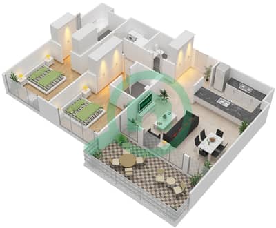 المخططات الطابقية لتصميم النموذج / الوحدة 1B/4,15,16,19 شقة 2 غرفة نوم - 1 ملبيري