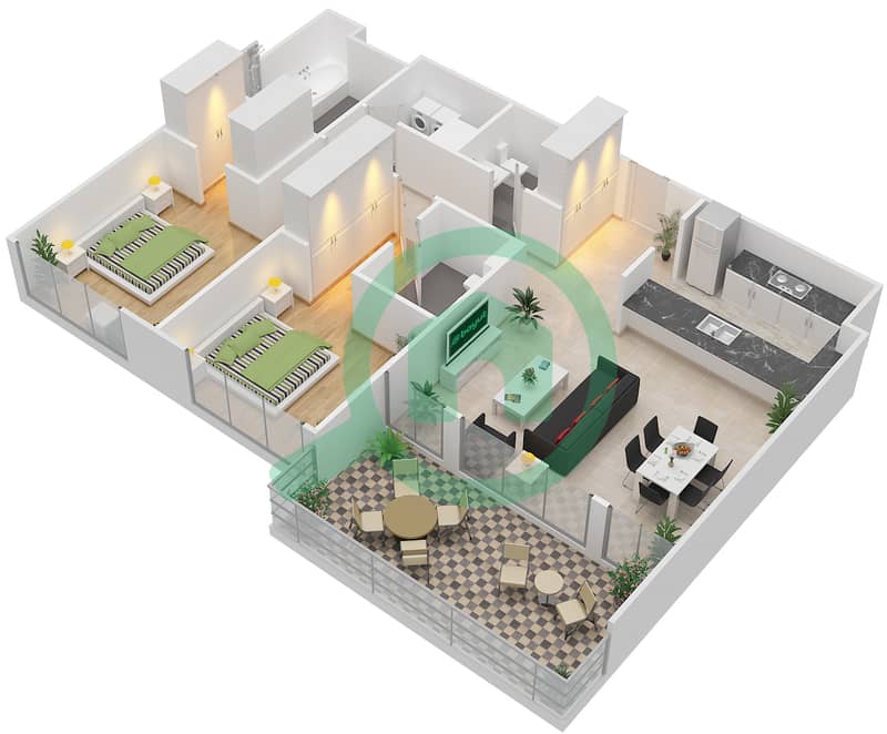 المخططات الطابقية لتصميم النموذج / الوحدة 1B/3,6,15,19,20 شقة 2 غرفة نوم - 1 ملبيري Floor 2 interactive3D