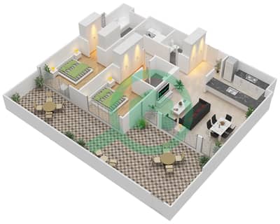 المخططات الطابقية لتصميم النموذج / الوحدة 1G/3,4,6,14-19 شقة 2 غرفة نوم - 1 ملبيري
