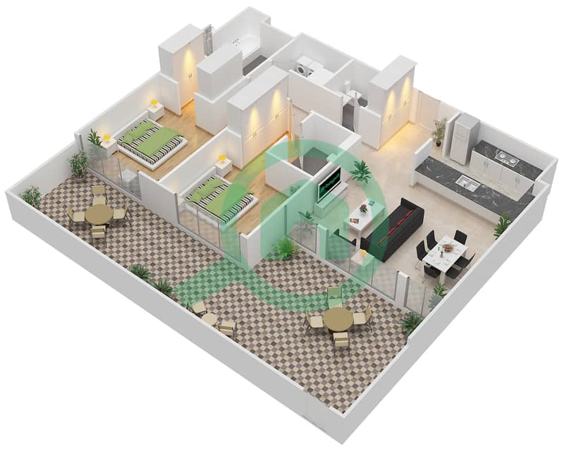 المخططات الطابقية لتصميم النموذج / الوحدة 1G/3,4,6,14-19 شقة 2 غرفة نوم - 1 ملبيري Ground Floor interactive3D
