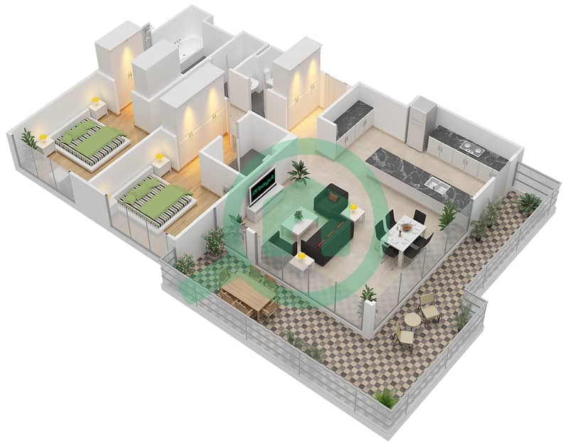 المخططات الطابقية لتصميم النموذج / الوحدة 2A/13,23 شقة 2 غرفة نوم - 1 ملبيري Floor 1 interactive3D