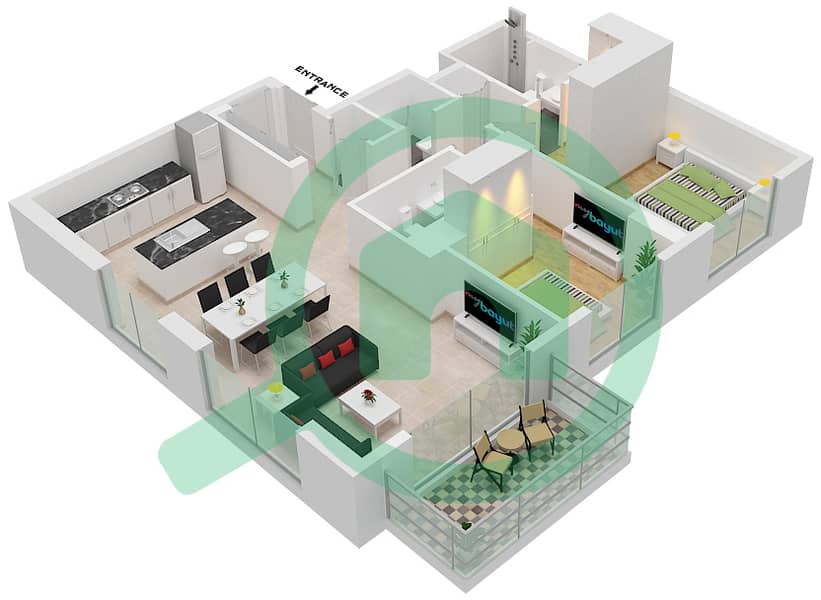 Berkeley Place - 2 Bedroom Apartment Type D1 Floor plan interactive3D