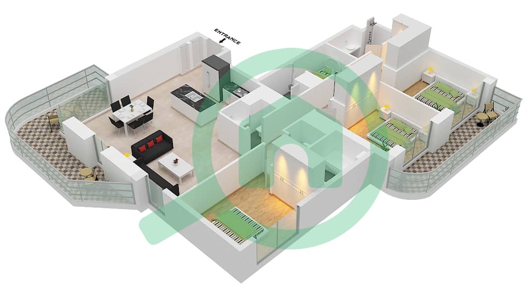 Резиденс Палас Бич - Апартамент 3 Cпальни планировка Тип/мера 3,UNIT 03 Level 36 interactive3D