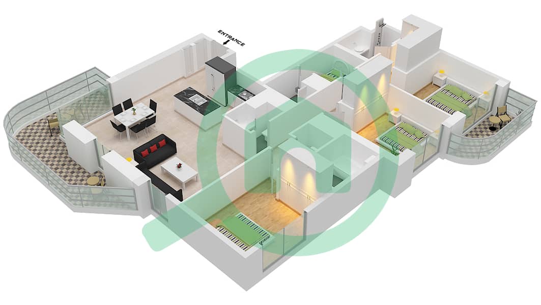 Резиденс Палас Бич - Апартамент 3 Cпальни планировка Тип/мера 3A,UNIT 03 Level 37 interactive3D